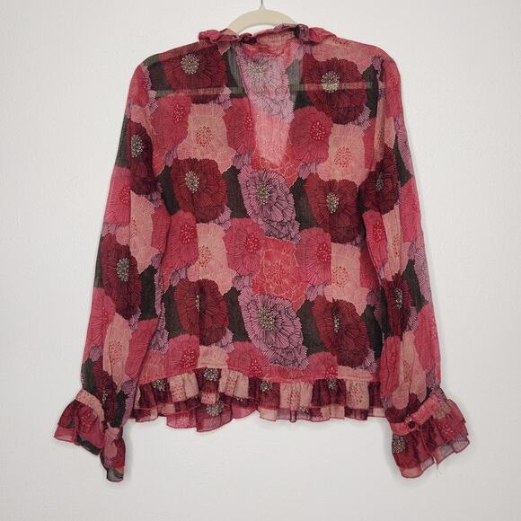 Vintage Claudia Ev Jellyfish Ruffles Button Shirt 10 Floral Flowers Art All Over - Picture 4 of 4